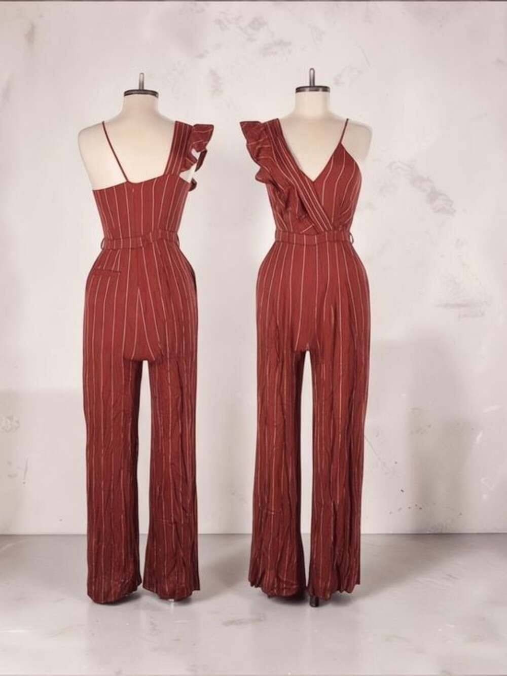 Three Floor Rust Pinstripe One-Shoulder Ruffled Jumpsuit